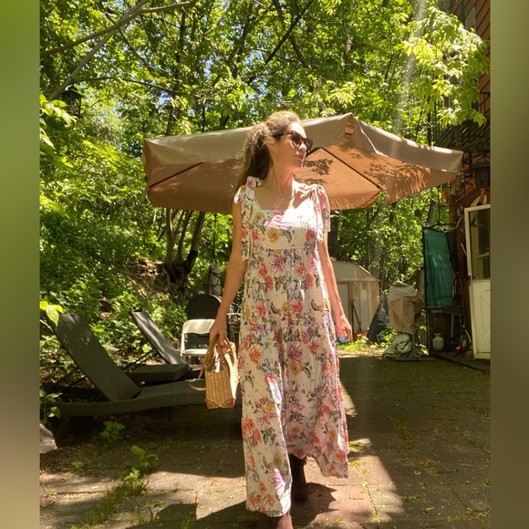 House of Harlow 1960 Dress Floral Linen Tier Bow Tie Shoulders Sz M - Picture 3 of 16